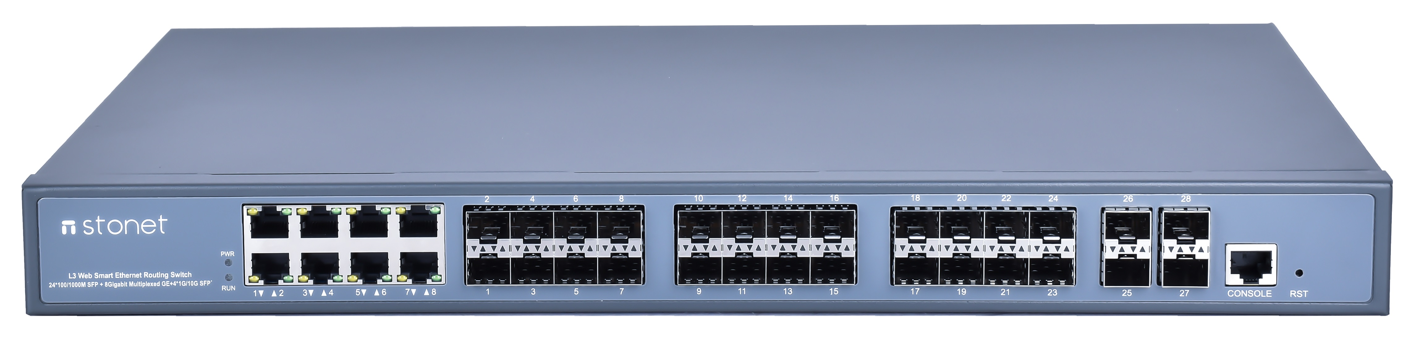 Stonet SC-530024T4M-8M 24 SFP ve 8 combo portlu switch ön paneli